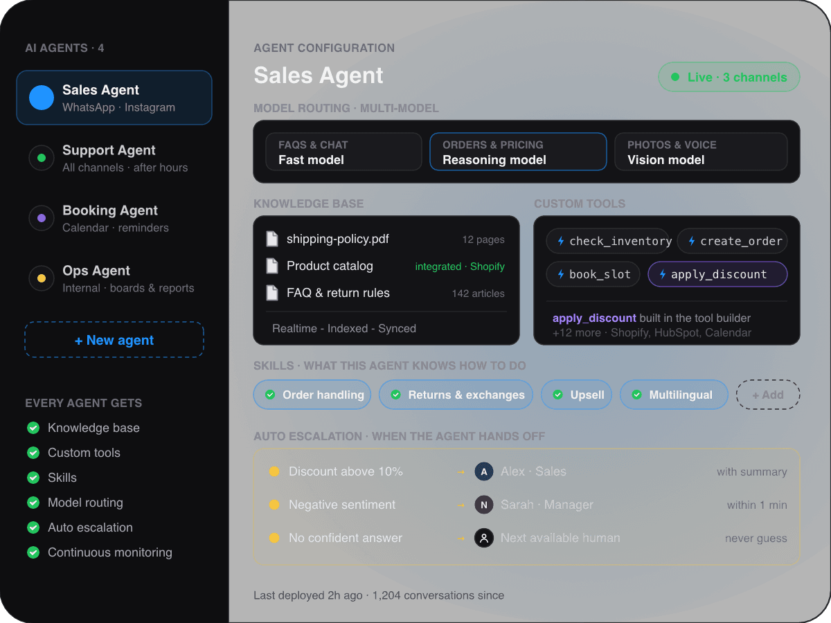 AI agent configuration: knowledge base, tools, skills and models